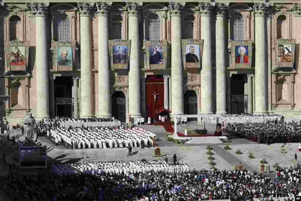 Pope Francis celebrates a Mass to canonize seven new saints, in St. Peter's Square, at the Vatican. Argentine 19th century "gaucho priest" José Gabriel del Rosario Brochero, who ministered to the poor in the peripheries and is clearly a model for his papacy, is among the new saints pope is canonizing.. 