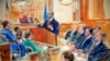 FILE - This courtroom sketch depicts Paul Manafort, seated in the right row, second from right, together with his lawyers, the jury, seated left, listening to Assistant U.S. Attorney Uzo Asonye, standing, during opening statements in the trial of President Donald Trump's former campaign chairman on tax evasion and bank fraud charges.