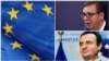 Combo photography, EU Flag, Aleksandar Vucic and Albin Kurti
