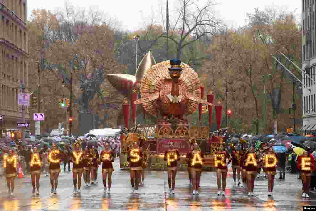 The Tom Turkey float rides during the Macy's Thanksgiving Day Parade in New York City, Nov. 28, 2024.