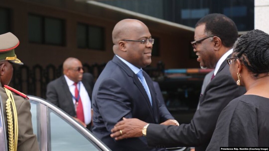 Président Félix Tshisekedi ya RDC apesi mbote na mokokani wa ye ya Namibie HAge Geingob na bokutani na Windhoek (Namibie), le 26 février 2019. (Twitter/ Présidence Rép. Namibie)