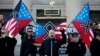 Commander Jeff Schoep of the National Socialist Movement, one of the largest white nationalist type groups in the country, speaks during a rally at the state capital in Little Rock, Arkansas, Nov. 10, 2018. 