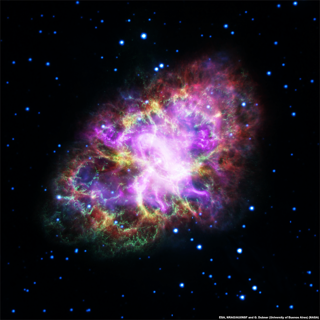 Gambar komposit dari 'Nebula Kepiting', sisa-sisa supernova, didapat dengan menggabungkan data dari 5 teleskop antariksa: Karl G. Jansky, Spitzer, Hubble, XMM-Newton, dan Chandra X-ray.
